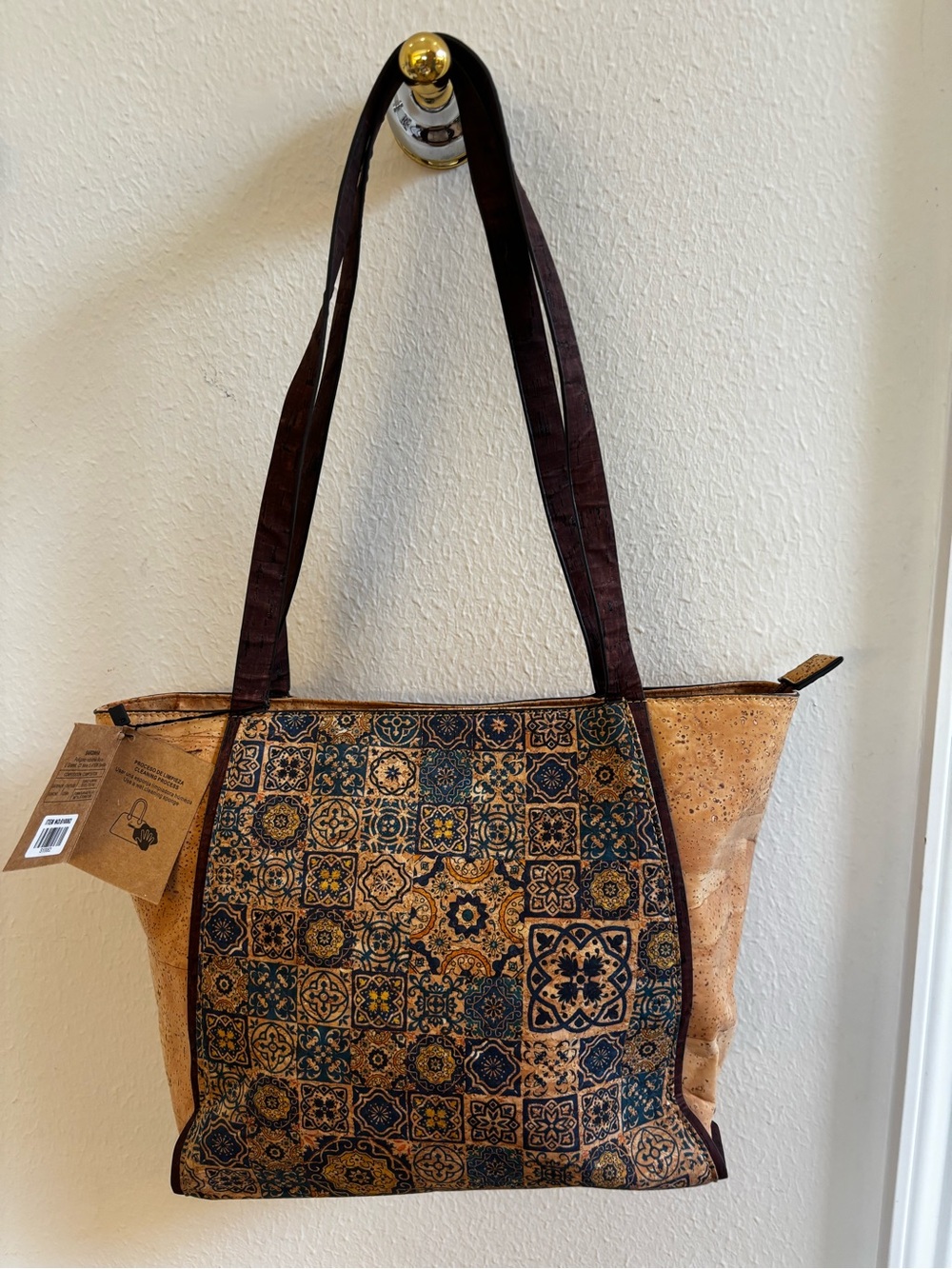 Cork Mosaic Tote Bag in Brown and Navy